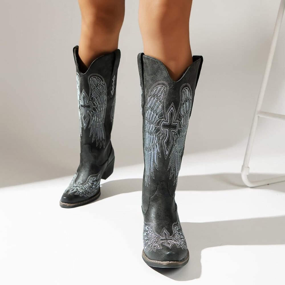 Women's Black Gothic Cross & Angel Wing Embroidered Mid Calf High Boots - Picture 4 of 6